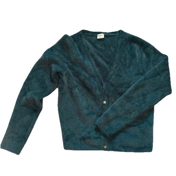 Abercrombie Fitch Soft Cozy Fuzzy Button Up Cardigan V Neck Teal Green Women LG - Picture 7 of 10